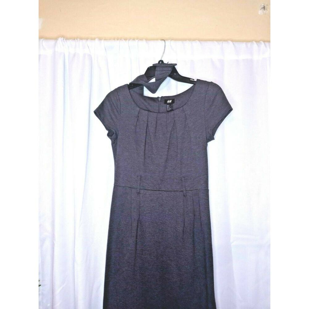 H&M Square Neck Short Sleeve Gray Belted A-line Dress w/ Back Zip Size 6